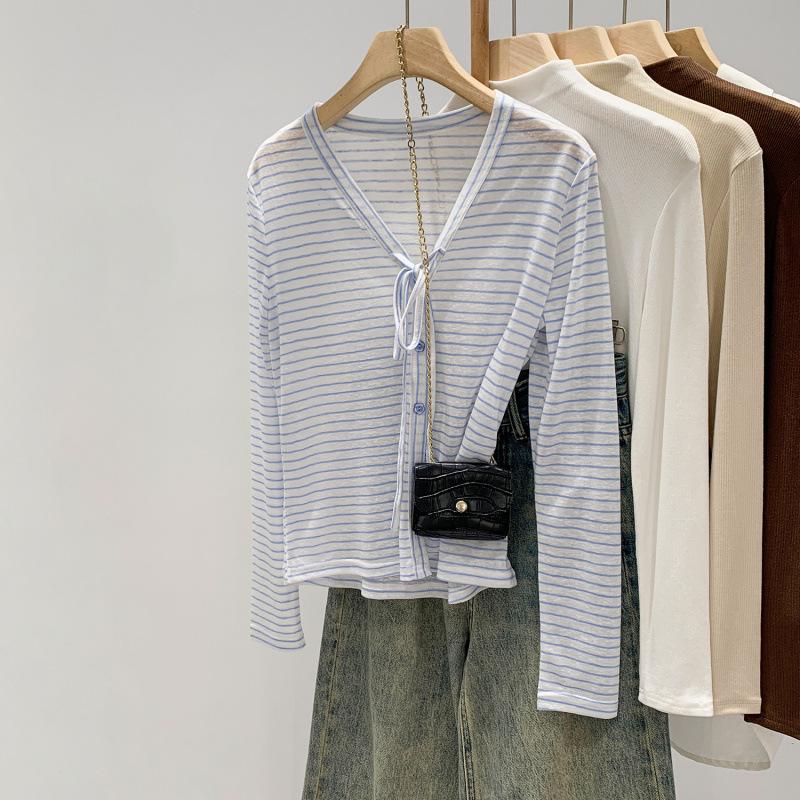 Korean Style Women's Striped V-Neck Cardigan - Summer Sun Protection, Sweet Casual Loose Fit, Long-Sleeved Top