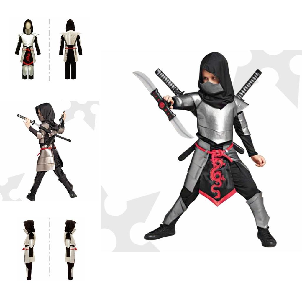 Deluxe Halloween Ninja Costume For Kids Complete Set With Headgear Jumpsuit Leg Warmers Breastplate And Waistcoat Ninja Costume)