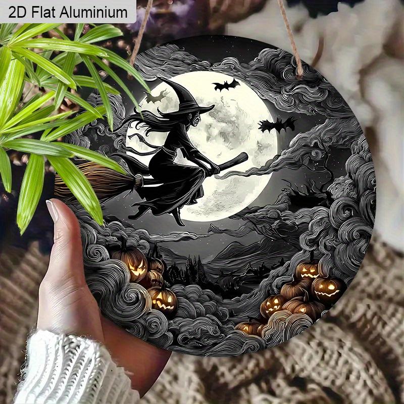 2D Flat Aluminium Halloween Sign with Flying Demon Witch Pattern - Halloween Figurine Ornaments - Ideal for Front Door, Wall, Porch, Window Decor