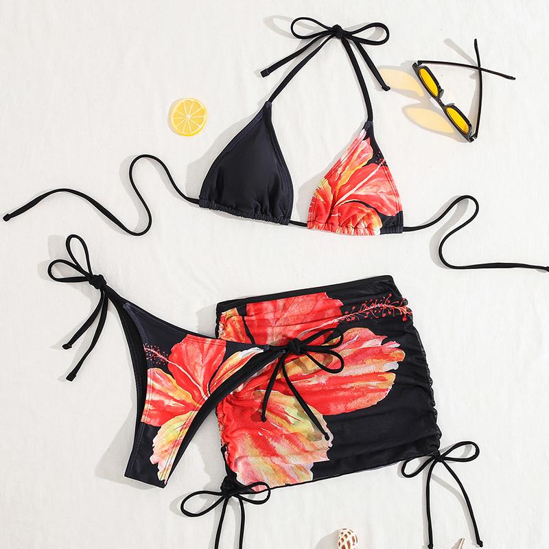 Sexy Laced Up Print Bikini Mesh Skirt 3 Piece Set Women Split Swimsuit Beach Bikini New Summer Swimwear Bikini Set
