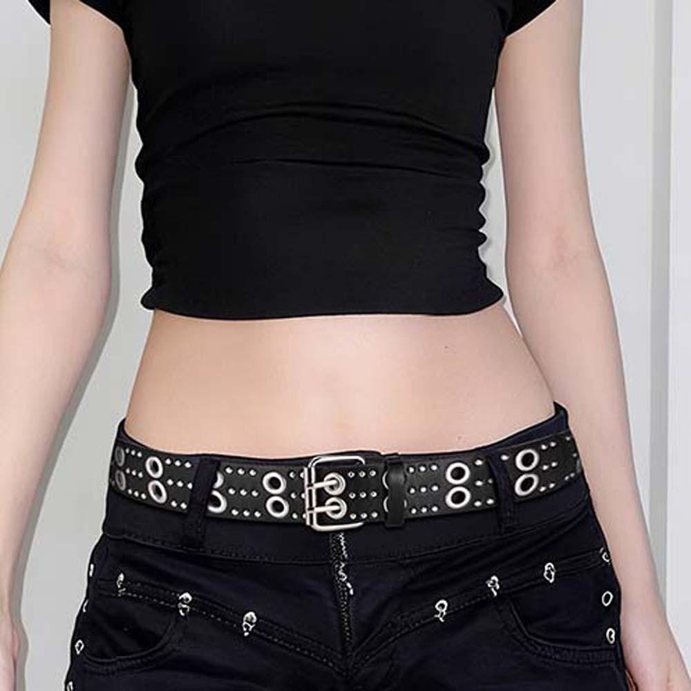 Personalized Design Hollow Rivet Belt Double Row Needle Buckle Black Leather Waistbands for Gift