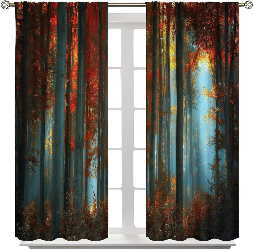 Red Blue Forest Curtains Burgundy Tree Mystic Foggy Woodland Scene Gothic Jungle Leaf Botanical Nature Art Printed Living Room B