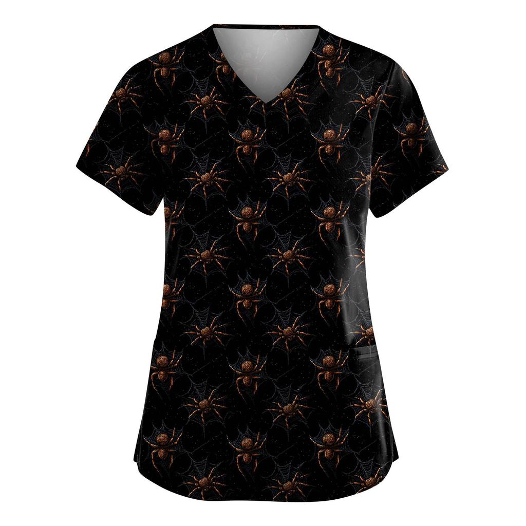 Women's Fashion V-Neck Short Sleeve Overalls With Pockets Halloween Printed Tops  Apparel