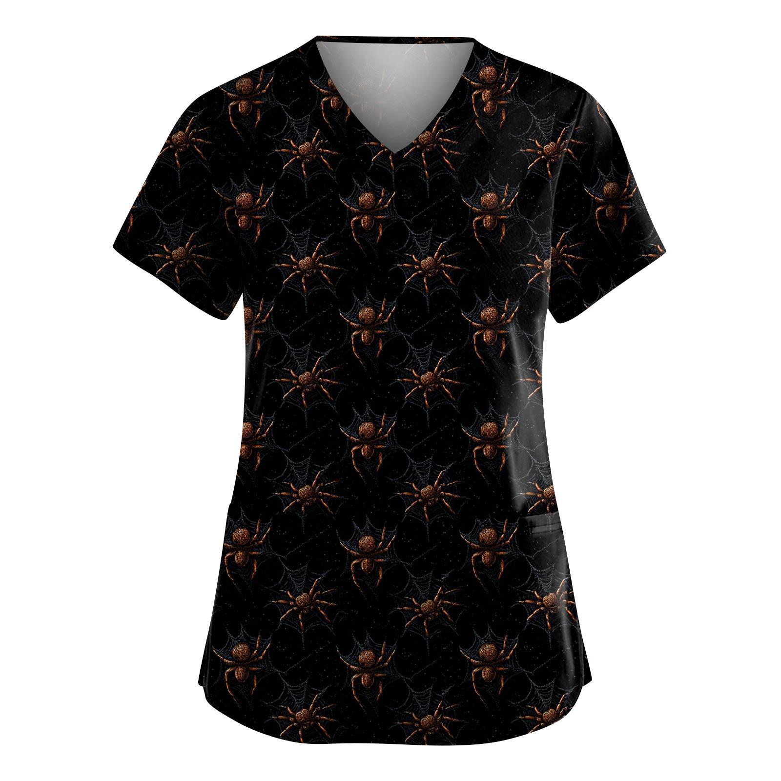 

Women s Fashion V-Neck Short Sleeve Overalls With Pockets Halloween Printed Tops Apparel XL