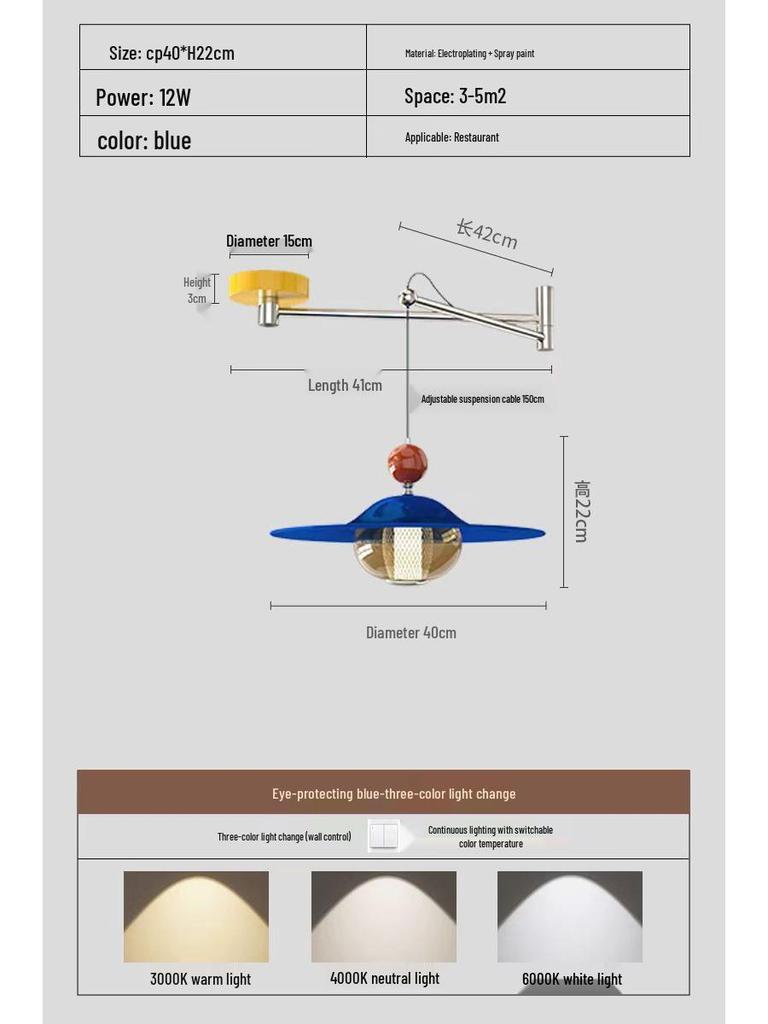 Dopamine Dining Table Set with Swing Arm Pendant Light and Eye-Protecting Ceiling Light for Kids
