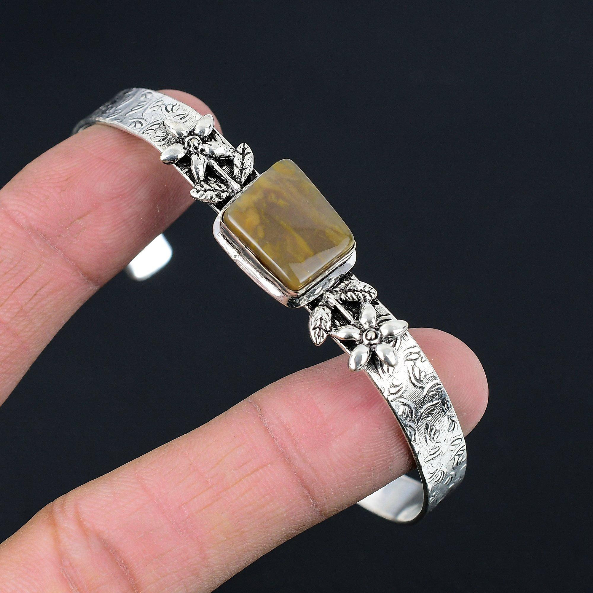 

Radiant Landscape Jasper Stone Ethnic Flower New Bangle Bracelet Sterling Silver Adjustable