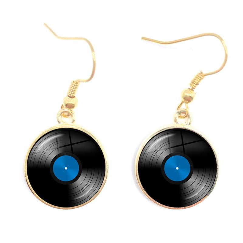 Retro CD Record Drop Earring Disc Classic Music Gramophone Record Glass Cabochon Earrings Gift for Music Loves