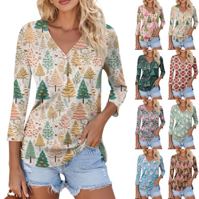 Damen Casual Mode Sexy Bequem Weihnachts-Print V-Ausschnitt Knopf Dreiviertelarm Oberteil