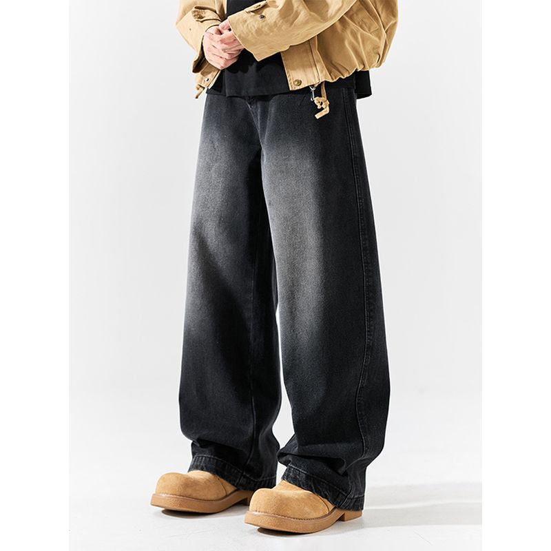 51 Hip-Hop Fleece-Lined Jeans for Men, Winter American Style Trendy Brand, Vintage Tie-Dye, Loose, Thickened, Scimitar Wide-Leg Long Pants