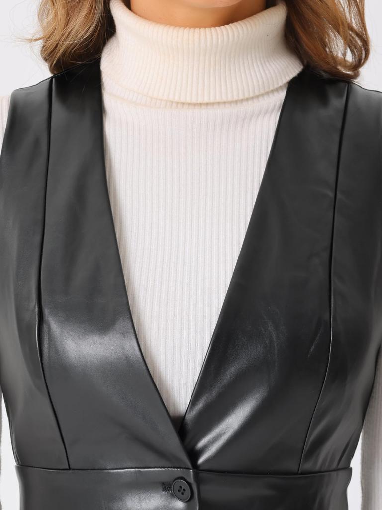 Allegra K Women's Faux Leather V-Neck Dress, Metallic, Sleeveless, Button-Down, Party Midi Dress, Black, Size M