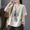 Cotton and Linen T-shirt Women's Short-sleeved Summer Women's Blouse Loose Retro Printing Large Size Women's T-shirt