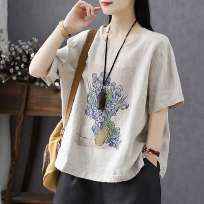 Baumwolle und Leinen T-Shirt Damen Kurzarm Sommer Damen Bluse Locker Retro Druck Große Größe Damen T-Shirt