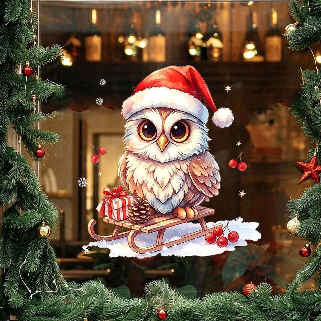 Sticker Christmas Owl Window Decal - Non-Slippery Decal for Glass Windows - Decorative Decal for Living Room Windows