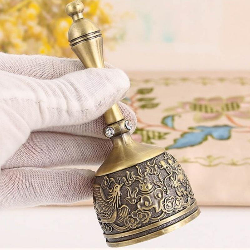 Hand Call Dinner Bell,Engraving Inlaid Gem Multi-Purpose Bells Craft Hand-Cranked Bell Alarm School Church Hotel Vintage Bell