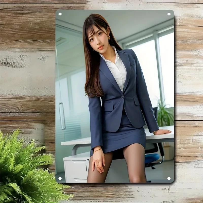 

Vintage Elegant Asian Woman with Long Brown Hair Bangs Metal Tin Sign Retro Professional Office Girl in Navy Blue Blazer Sui 20x30cm（7.8x11.8inch）