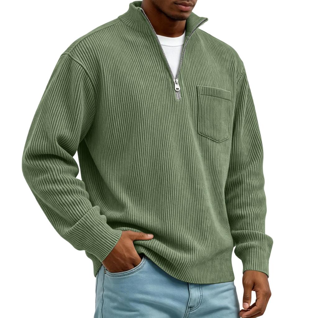 Men's Corduroy Long Sleeve Mock Neck Pullover with Front Pocket Casual Retro