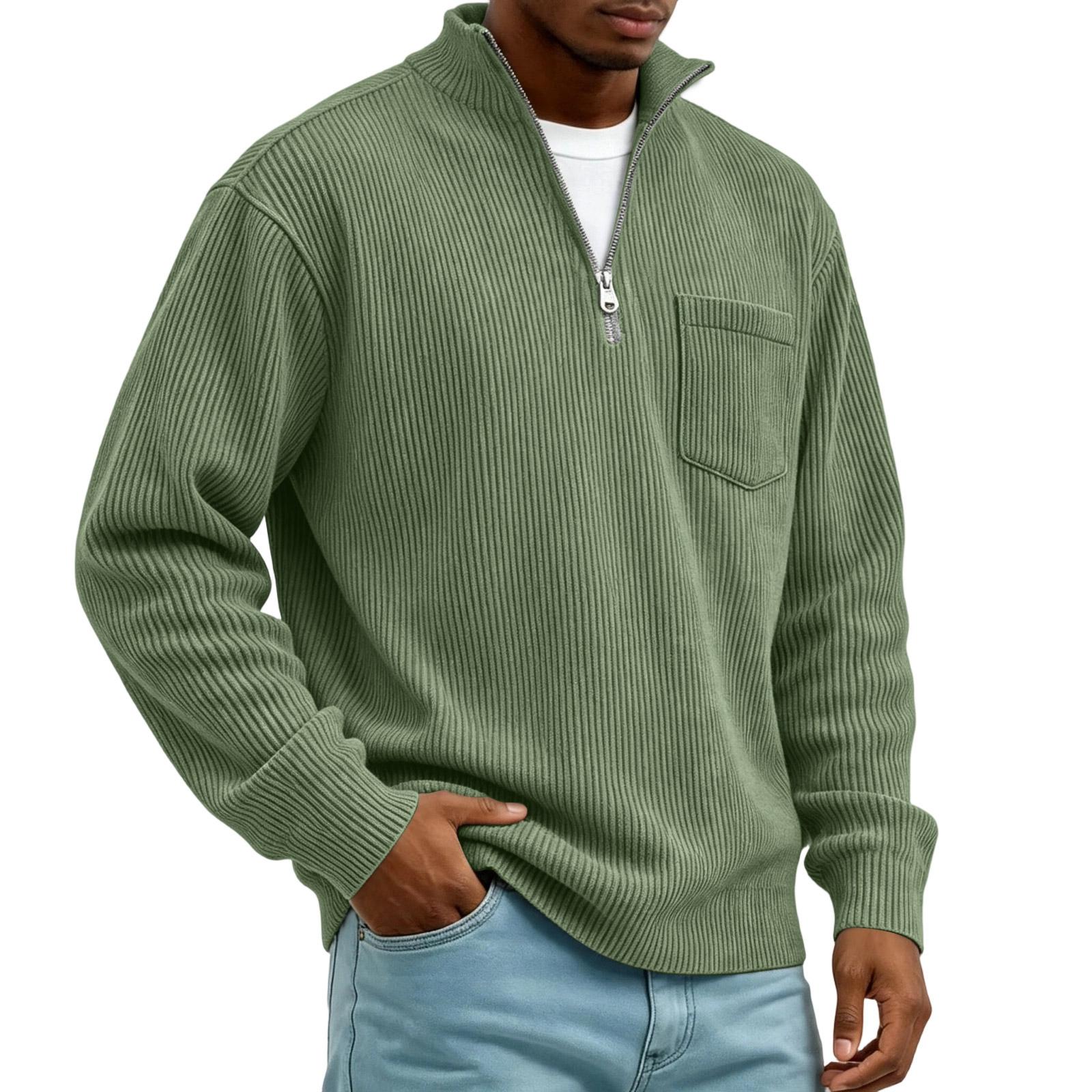 Men s Corduroy Long Sleeve Mock Neck Pullover with Front Pocket Casual Retro XXL