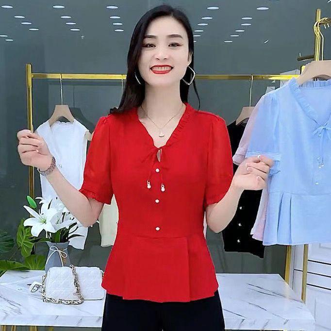 Floral Jacquard Chiffon Shirt Women Summer Short Sleeve Loose Fit Casual Tops Small Size Trendy Blouse