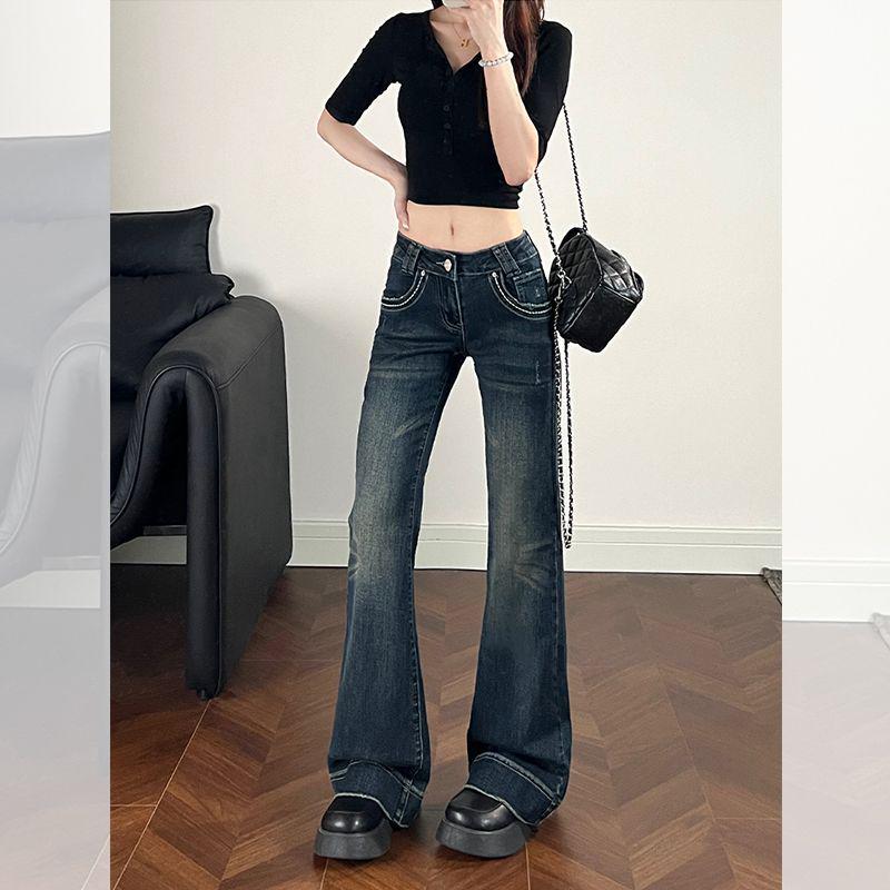 

Stylish Y2K Low-Rise Stretchy Bell-Bottom Denim Pants for Women Extra Large серый/синий