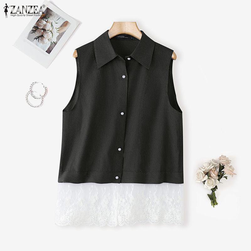 ZANZEA Women Summer Casual Lace Splice Loose Sleeveless Vest Tops