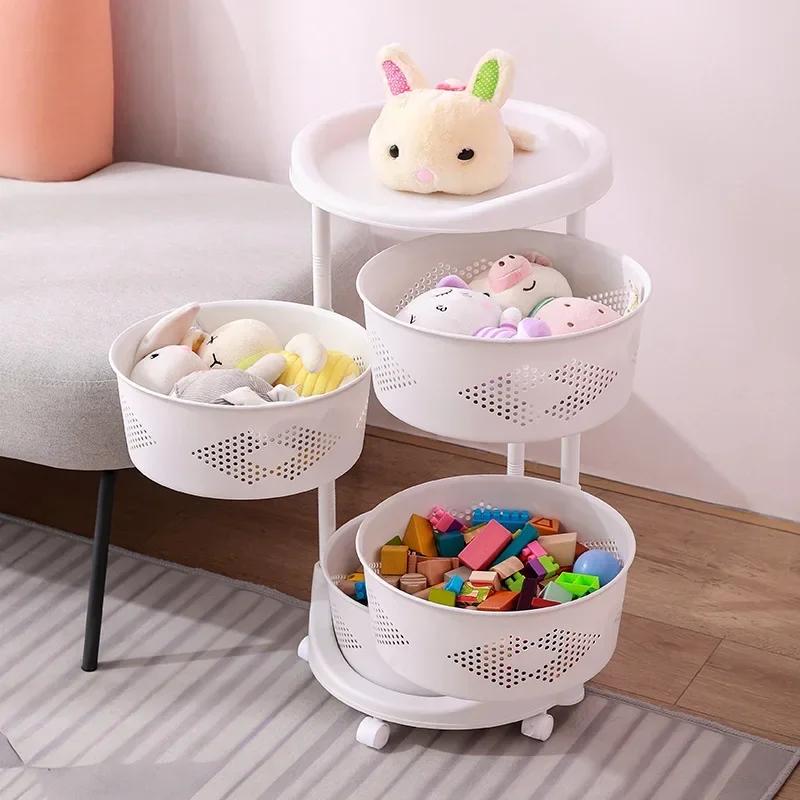 Kitchen Rolling Storage Cart with Rotating Circular Shelf - Convenient Fruit & Vegetable Basket Practical Organizer for Home Use