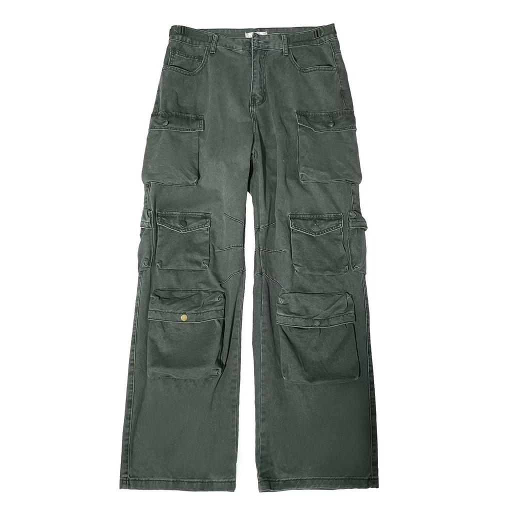 High Street trendy brand casual trousers men's autumn new cotton loose straight wide-leg trousers multi-pocket overalls