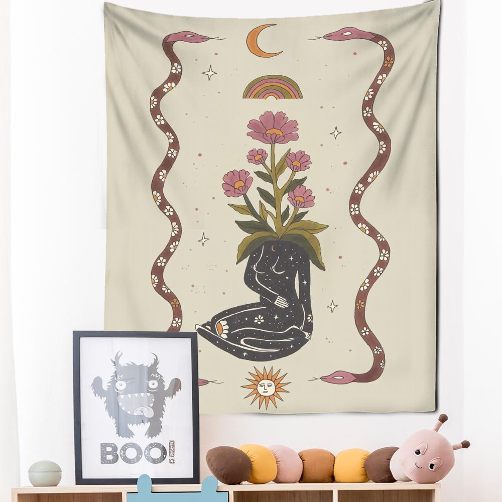 Sun Moon Star Tarot Tapestry Wall Hanging Astrology Divination Witchcraft Hippie Goddess Plant Flower Bedroom Home Decor