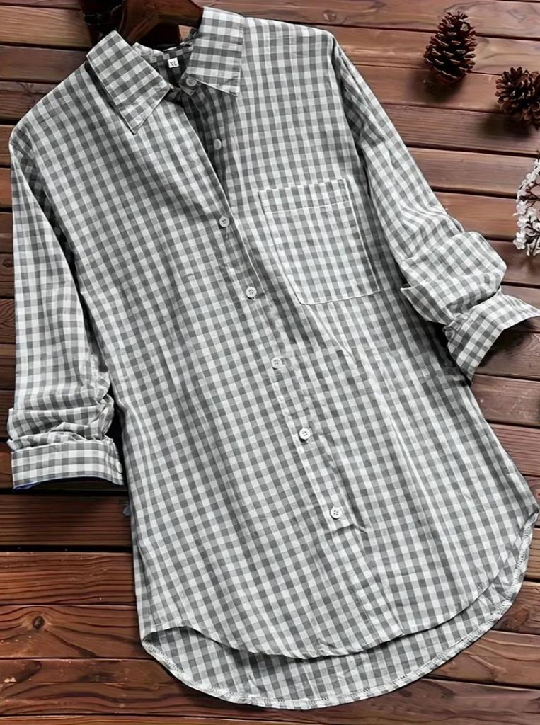Large Quantities In Stock, Women's Ebay Loose Plaid Lapel Neck Long-sleeved Pocket Shirt.