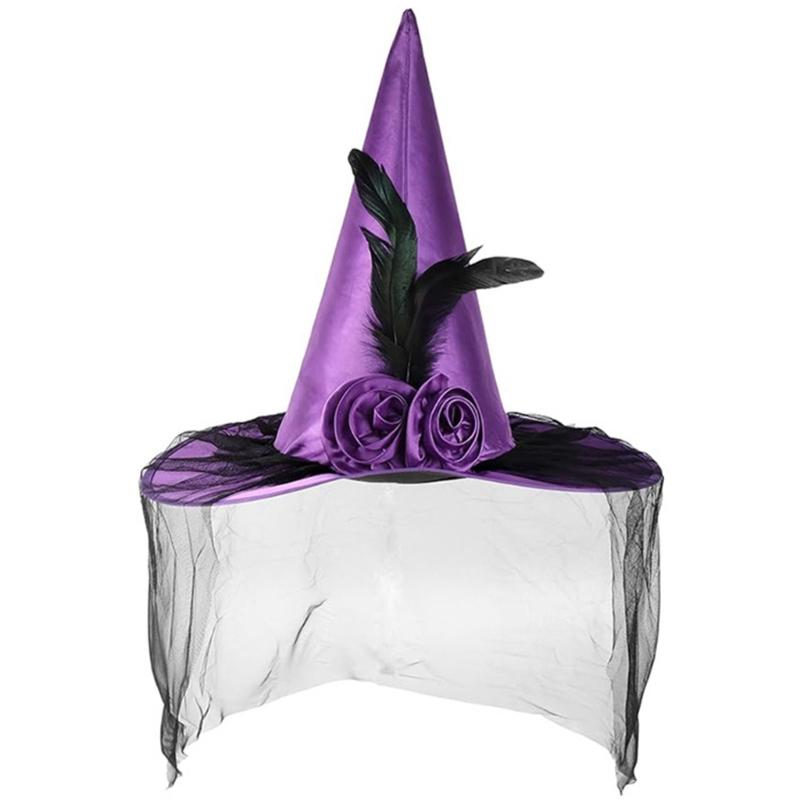 

Trend Teen Witch Hat with Black Veil Applique Fashion Adult Teen Flower Witch Hat Halloween Carnivals Cosplay Hat