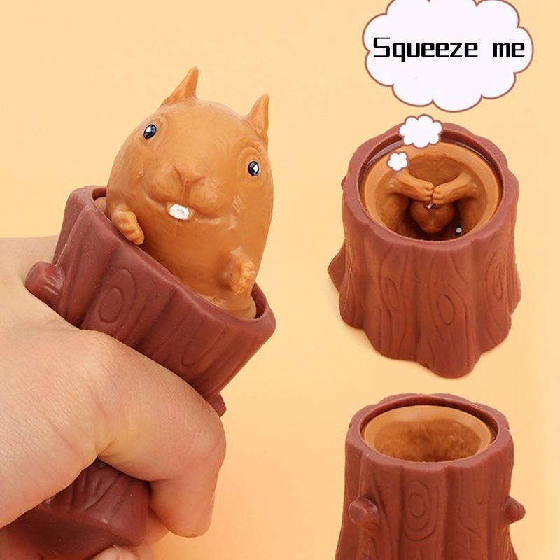 Squirrel Stress Relief Toy Stump Animal Squirrel Cup for Anxiety Relief, ADHD Squeeze Out The Surprises and Heal The Emotions
