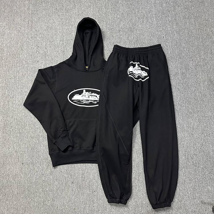 Corteiz Classic Series Ship Print Logo Thin Plush Loop Hooded Sweater, Trendy Men's and Women's Casual Sweatpants