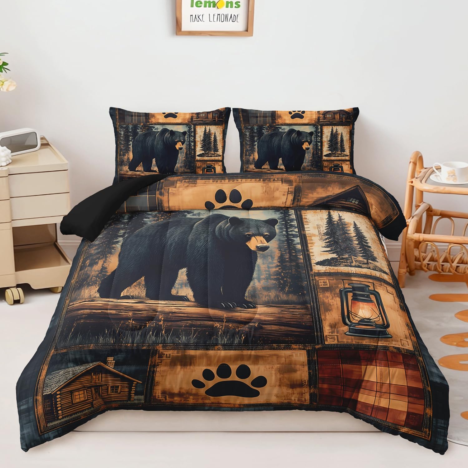 

Black Bear Comforter Set Queen Size,Rustic Bear Bedding Set for Kids Boys Girls,3-Piece Wildlife Themed Hunting +2 Pillowcases EU Twin(135x200cm)