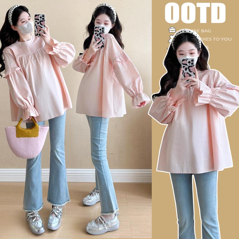 

2026 Trendy Korean Style Long-Sleeved Maternity Shirt for Spring and Autumn L кофейный/зелёный