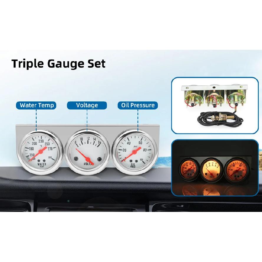 3 in 1 Triple Gauge Kit Water Temp Gauge Oil Pressure Meter Voltage With LED Light Gauge Set For Car Auto Vehicle Accessories