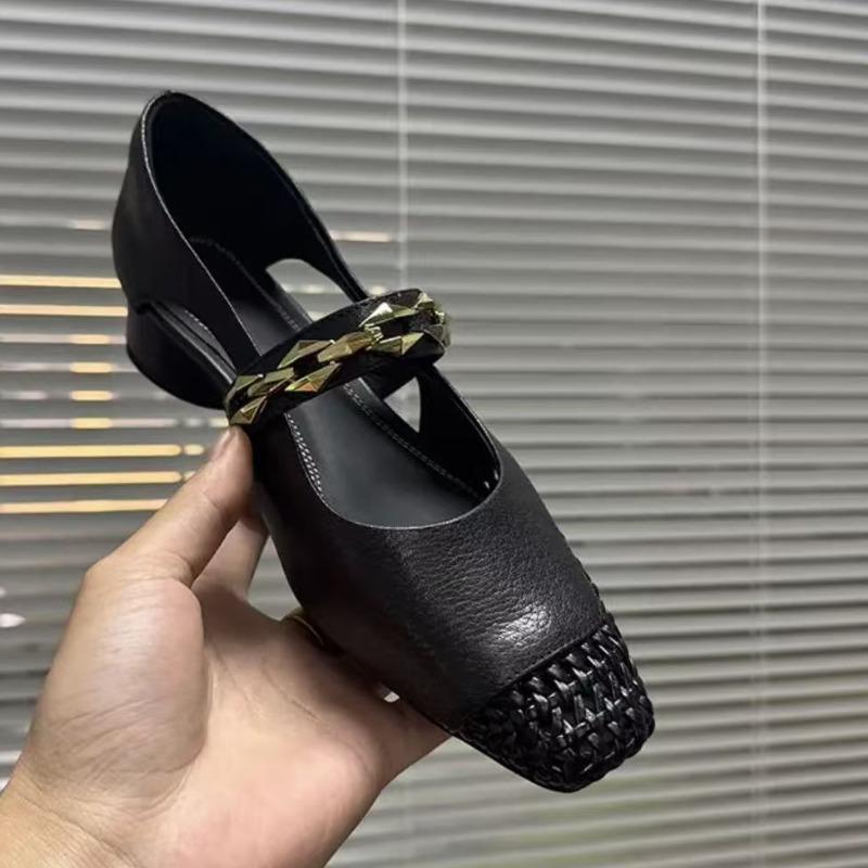 Square Toe Weave Shoes Women Chain Heeled Sandals Summer 2025 Trend Shallow Dress Woman Loafers Casual Soft Leather Sandalias