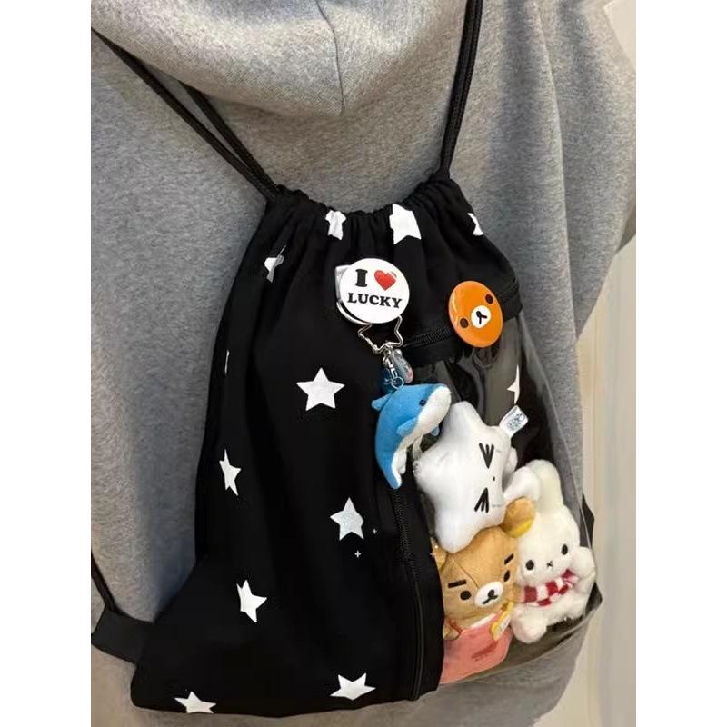 

Рюкзак-мешок с принтом звезд для поездок на работу 2025: Вместительная, легкая холщовая и прозрачная сумка-ита чёрный