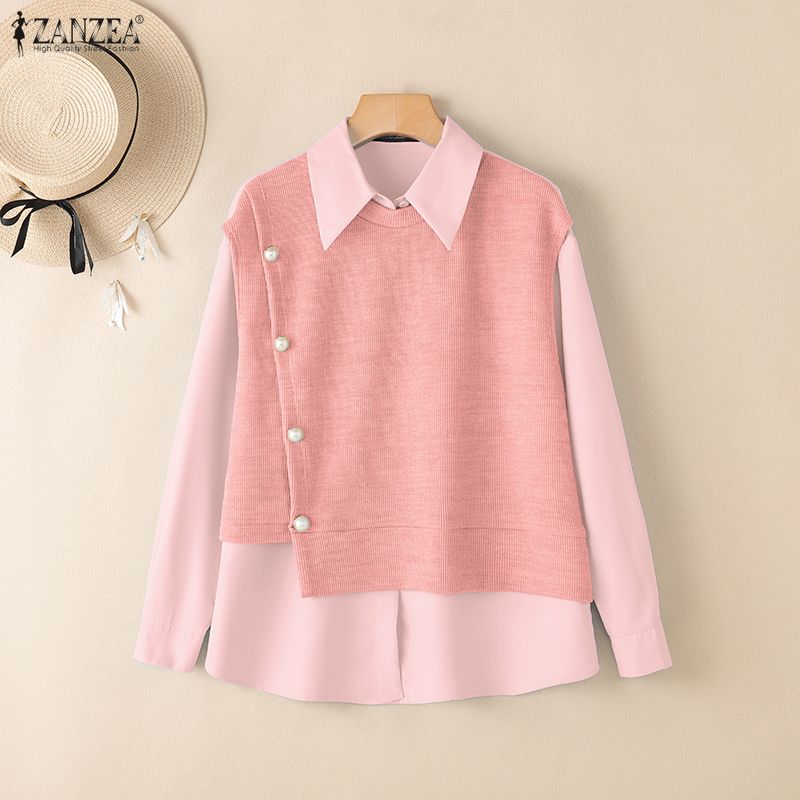 ZANZEA Women Caual Turn Down Collar Long Sleeve Autumn Patchwork Blouse