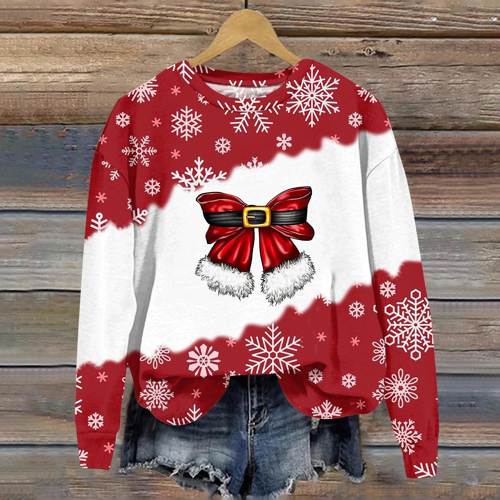 

Женская мода рождественский принт длинный рукав свободный круглый вырез толстовка топ осень XXL