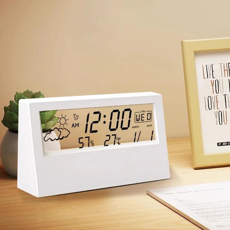 LCD Desktop Alarm Clock Transparent Calendar Weather and Digital Temperature and Humidity Display Home Appliance Smart Life