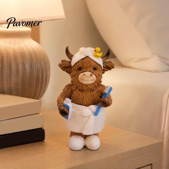 Environmentally Friendly Resin Decor Highland Cow Bathroom Figurine, Bathrobe Statue, Wateroroof Small Desktop Figurine Gift Animal Ornament for Sink