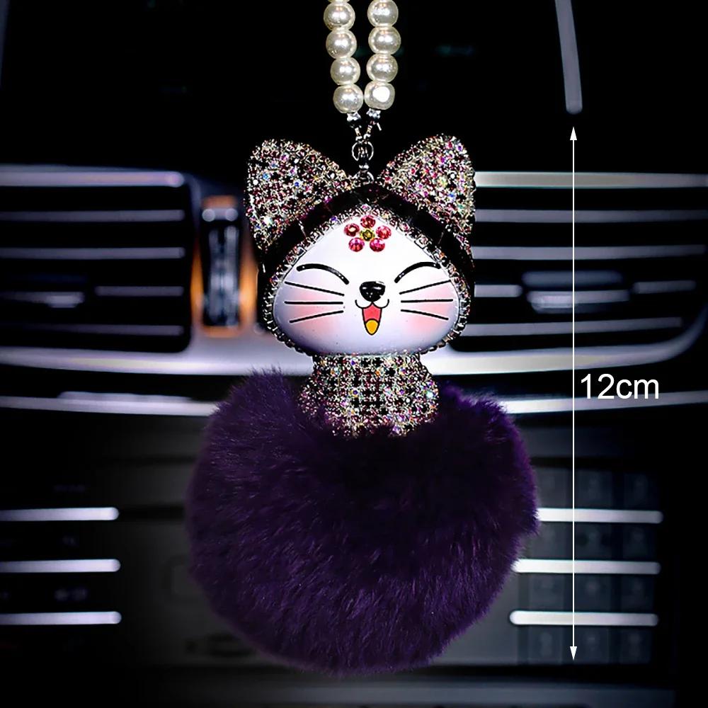 Cute Car Pendant Lovely Lucky Cat Rhinestone Chinese Style Cartoon Plush Fur Ball Decoration Hanging Ornaments Auto Accessories