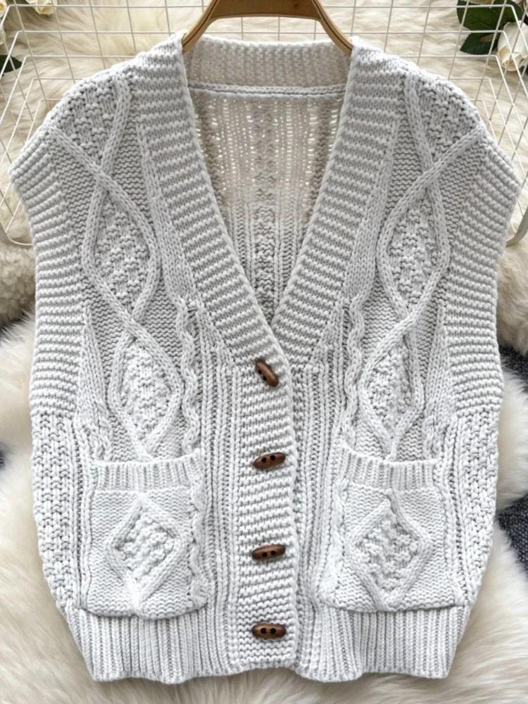 Høst Vintage Senior Strikket Cardigan Kvinner Chic Design Ermeløs Enkeltspent Topper Kvinnelig Casual Pretty Løse Klær Ny