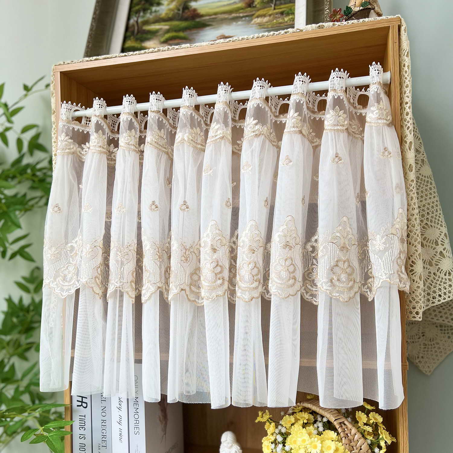 

Rusitc Beige Embroidered Tulle Lace Short Valance Curtain for Kitchen Cabinet Sheer Voile Small Window Vintage Farmhouse Decor 1 Panel W100xH50cm&Rod Pocket