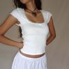 Y2k Vintage Baby Tee Cottage Lace Trim Knitted T-Shirt Letnia koszulka z kwadratowym dekoltem i krótkim rękawem, damska, biała, skrócona koszulka Milkmaid