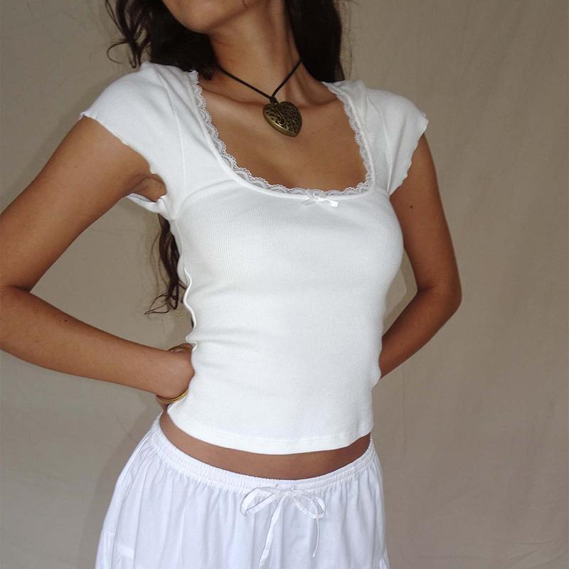 Y2k Vintage Baby Tee Cottage Lace Trim Knitted T-Shirt Letnia koszulka z kwadratowym dekoltem i krótkim rękawem, damska, biała, skrócona koszulka Milkmaid