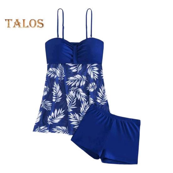 2Pcs/Set Women Summer Swimsuit Set Adjustable Straps Print Mesh Hem Bandeau Tops High Waist Swim Shorts Set
