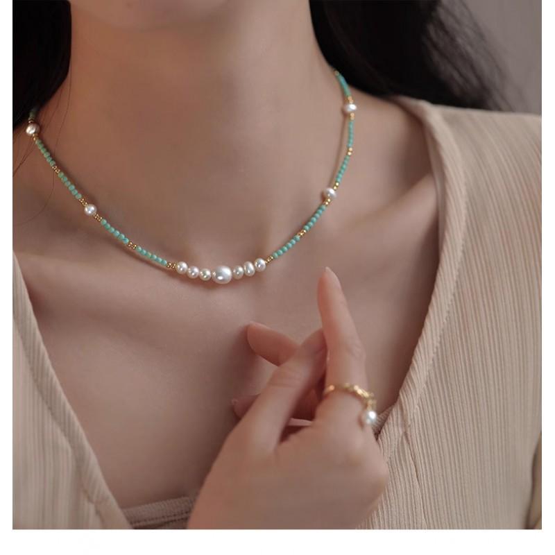 Natürliche Süßwasserperle Türkis Perlen Anhänger Halskette Damen Zarte Kette Boho Chic Schmuck