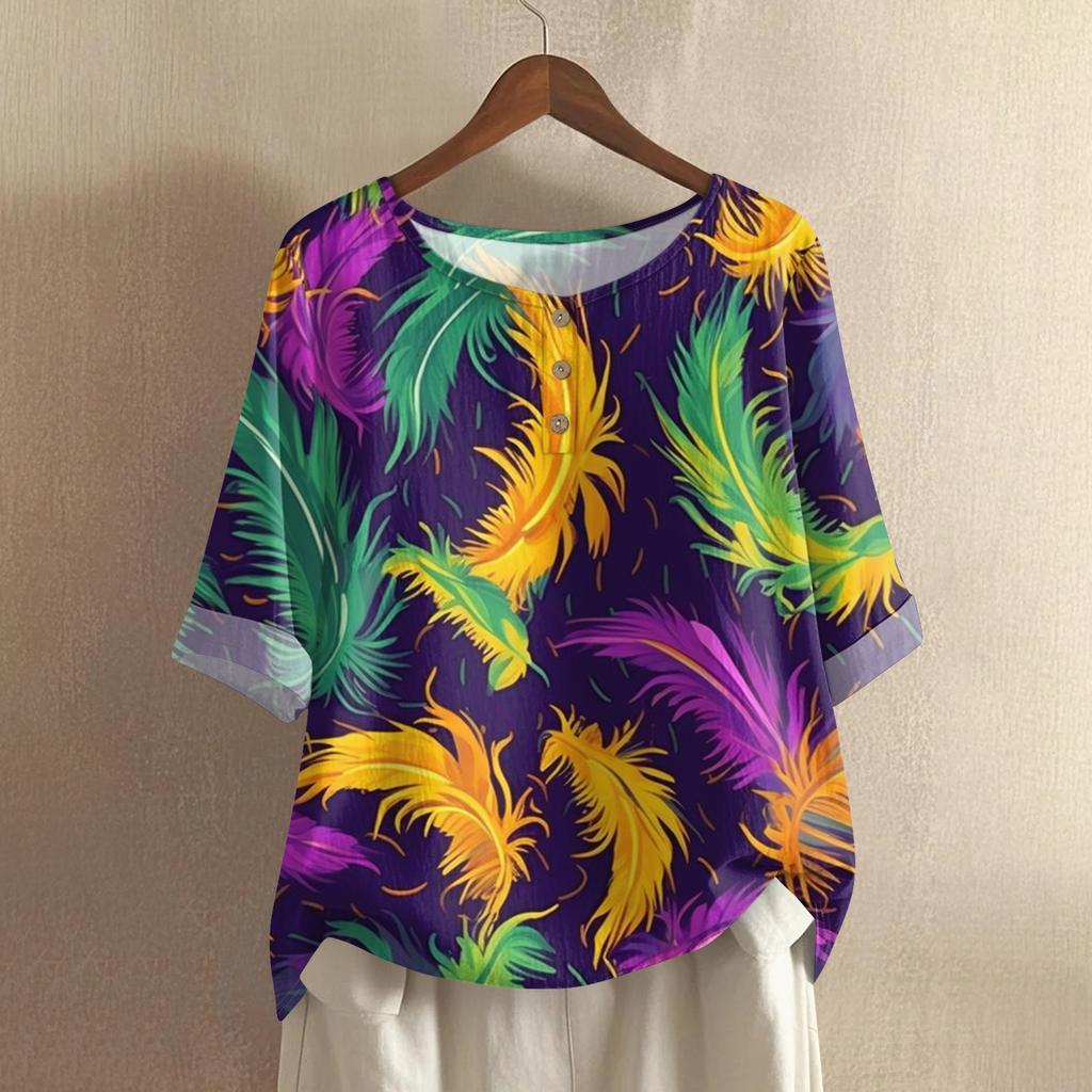 Women's Fashionable And Casual Shirt 3/4 Sleeve Round Neck Print Blouse Top
