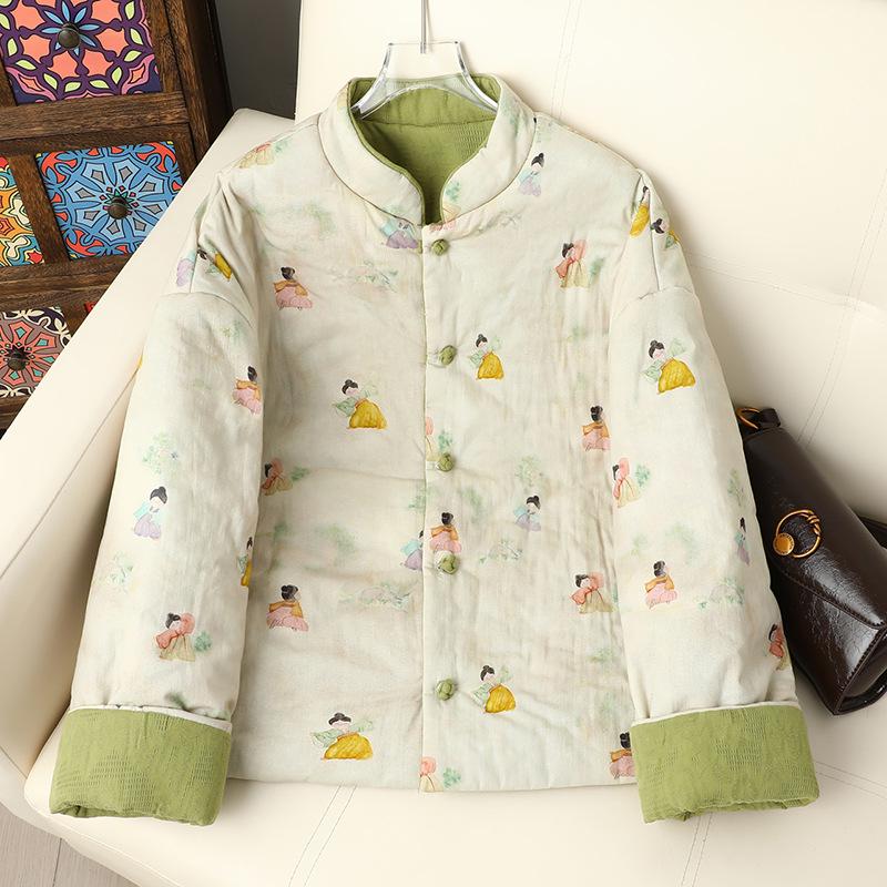 Chinesischer Baumwollmantel für Mama - Damen Langarm Wende-Oberbekleidung mit Froschknopf und Stehkragen für Herbst/Winter Wärme