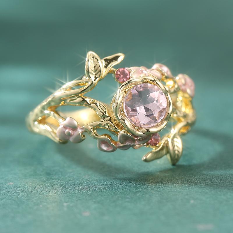 Classic Inlaid Pink CZ Flower Women's Ring Trendy Gold Color Hand Carving Daily Wear Party Jewelry Anniversary Gift